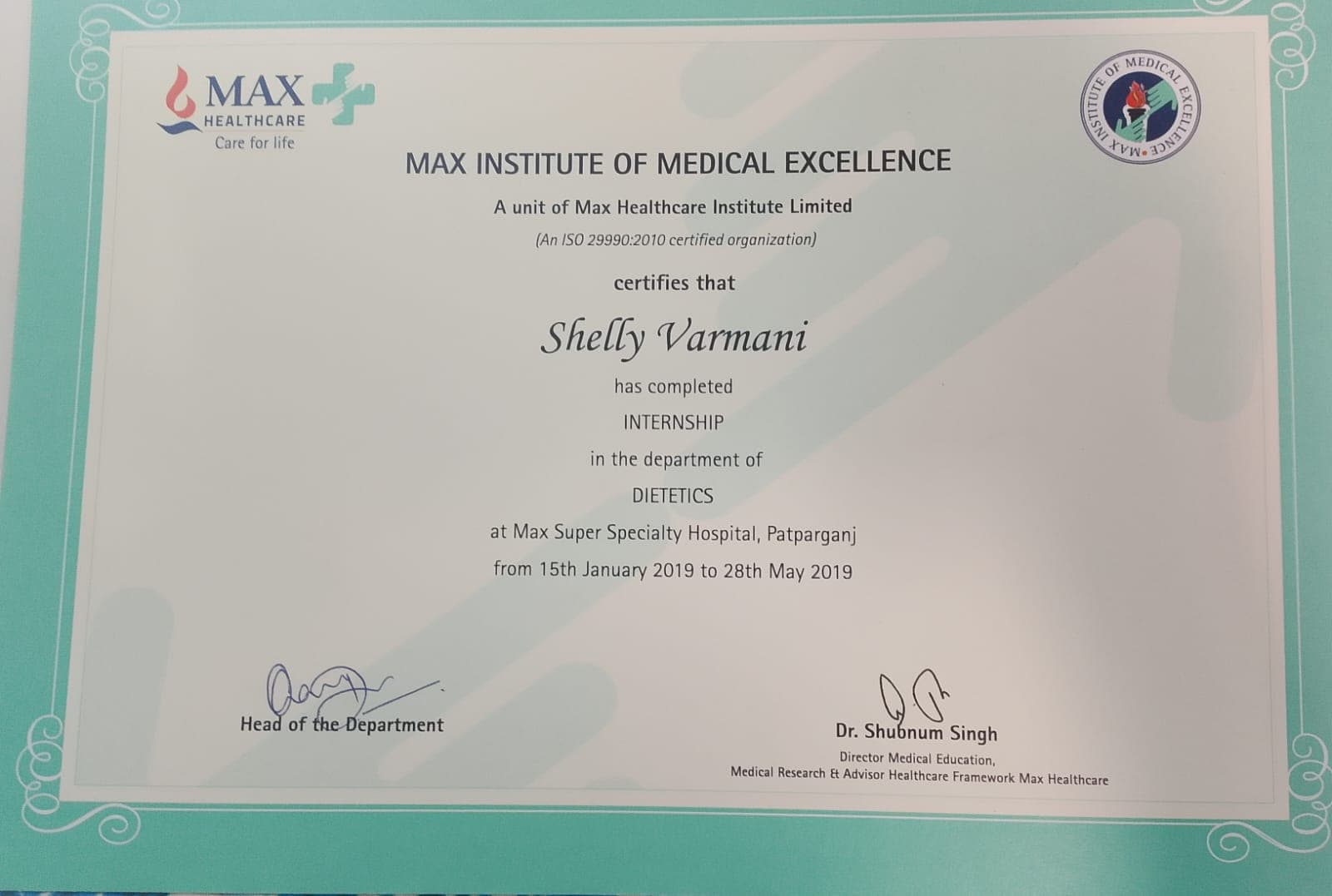 Internship in Dietetics, issued by Max Institute of Medical Excellence